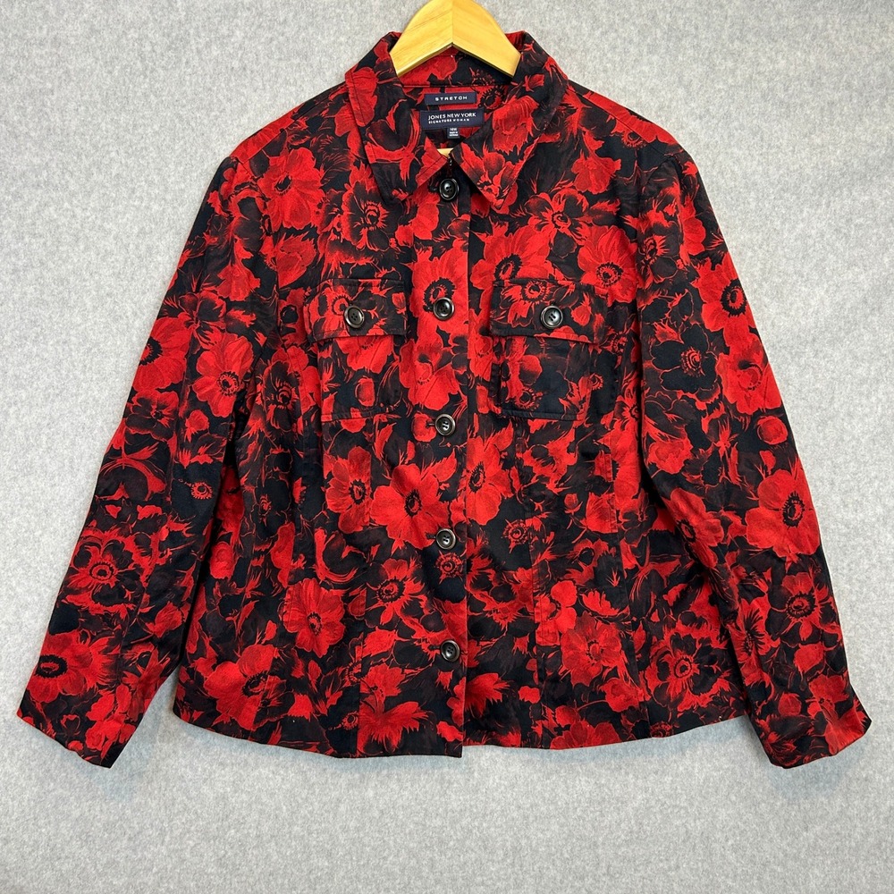 Jones New York Button Front Jacket Dark Floral Romantic Gothic Stretch Size 14W